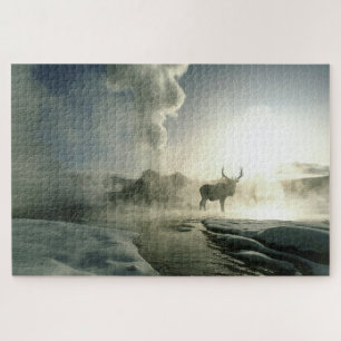 Sunrise Silhouette of Elk at Castle Geyser Jigsaw Puzzle
