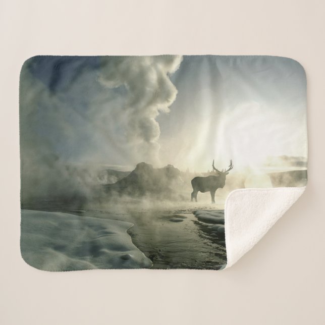 Sunrise Silhouette of Elk at Castle Geyser Sherpa Blanket (Front (Horizontal))