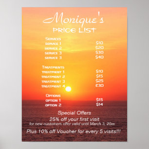 Sunrise spa and salon services price list poster