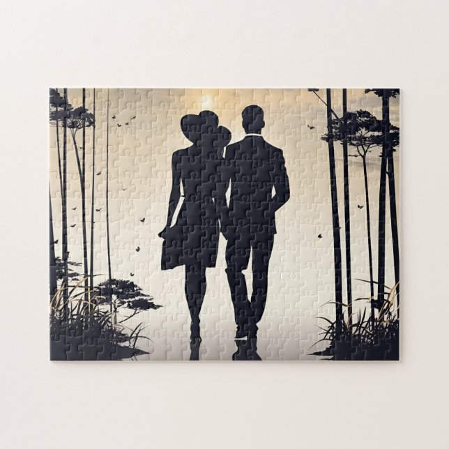 Sunrise Stroll: Black & White Silhouette Couple Jigsaw Puzzle (Horizontal)