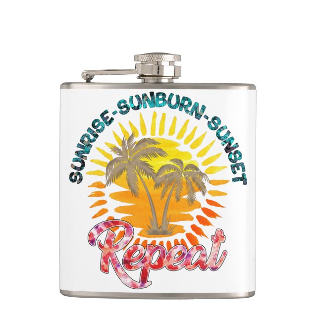 Sunrise-Sunburn-Sunset-Repeat | Golden Palm Trees Hip Flask (Front)