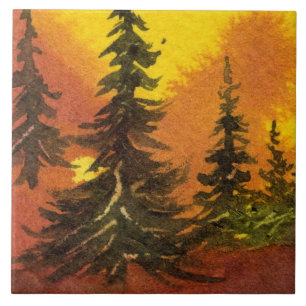 Sunrise sunset pines in the red yellow mist ceramic tile