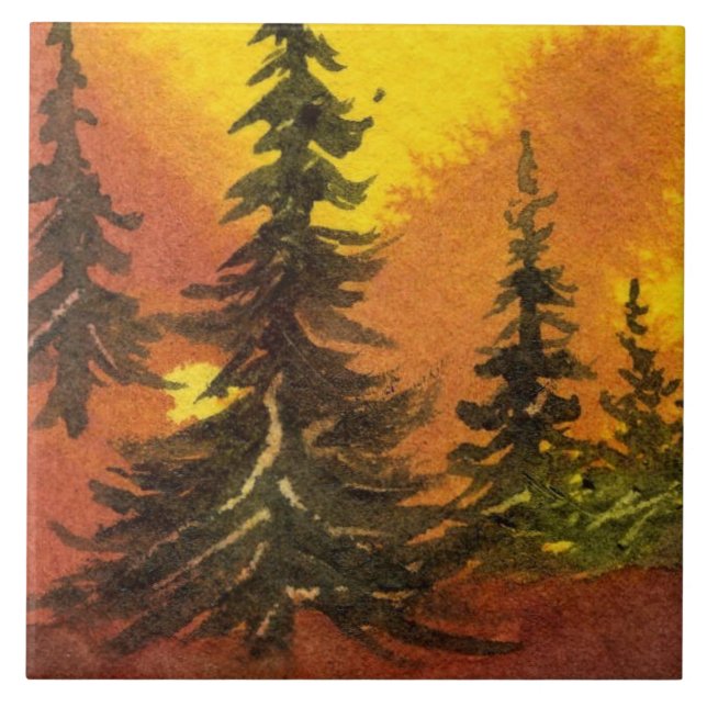 Sunrise sunset pines in the red yellow mist ceramic tile (Front)