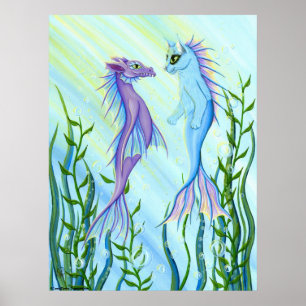 Sunrise Swim, Sea Dragon & Mermaid Cat Fantasy Art Poster