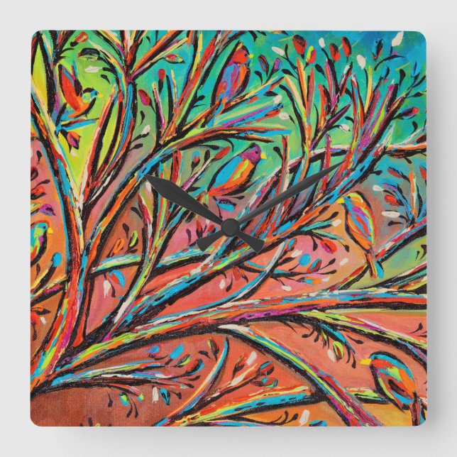 Sunrise Treetop Birds II Square Wall Clock (Front)