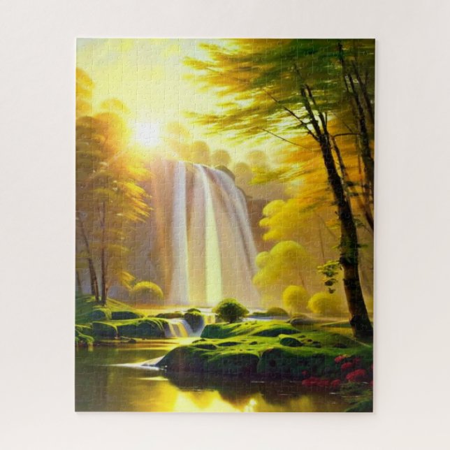 Sunrise Waterfall Trees River. Beautiful Landscape Jigsaw Puzzle (Vertical)