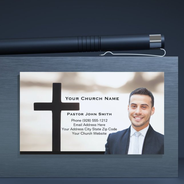 Sunrise White Black Cross Pastor Photo  Business Card (Sunrise White Black Cross Pastor Photo Business Card)