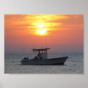 Sunrise with boat on Sanibel Island Poster