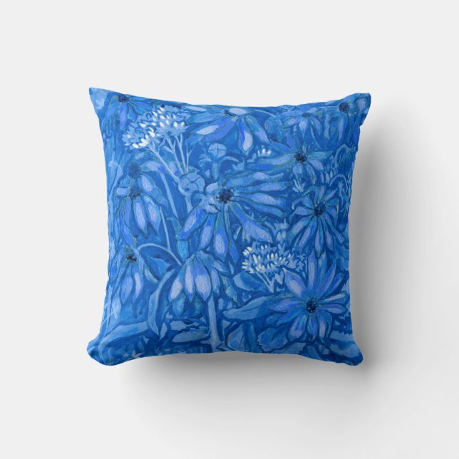 Sunroot Flowers Summer Garden FloralPainting Blue Cushion (Front)