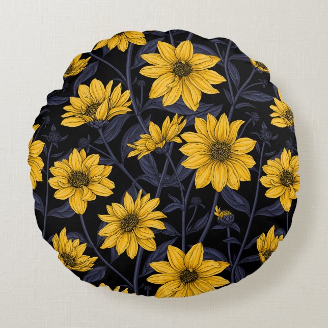 Sunroot, wild sunflower in yellow and blue round cushion (Front)