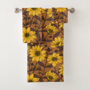 Sunroot, wild sunflower in yellow and  brown bath towel set