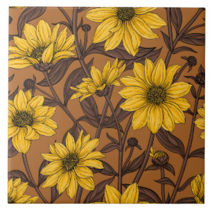 Sunroot, wild sunflower in yellow and brown ceramic tile