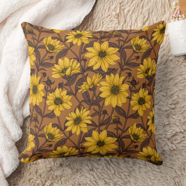 Sunroot, wild sunflower in yellow and  brown cushion (Blanket)
