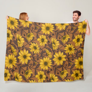 Sunroot, wild sunflower in yellow and brown fleece blanket
