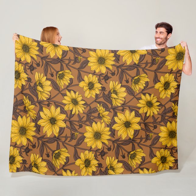 Sunroot, wild sunflower in yellow and  brown fleece blanket (In Situ)