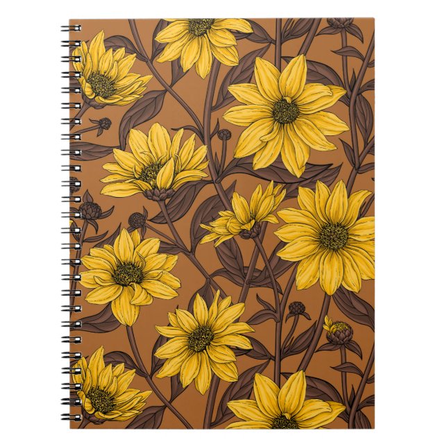 Sunroot, wild sunflower in yellow and  brown notebook (Front)