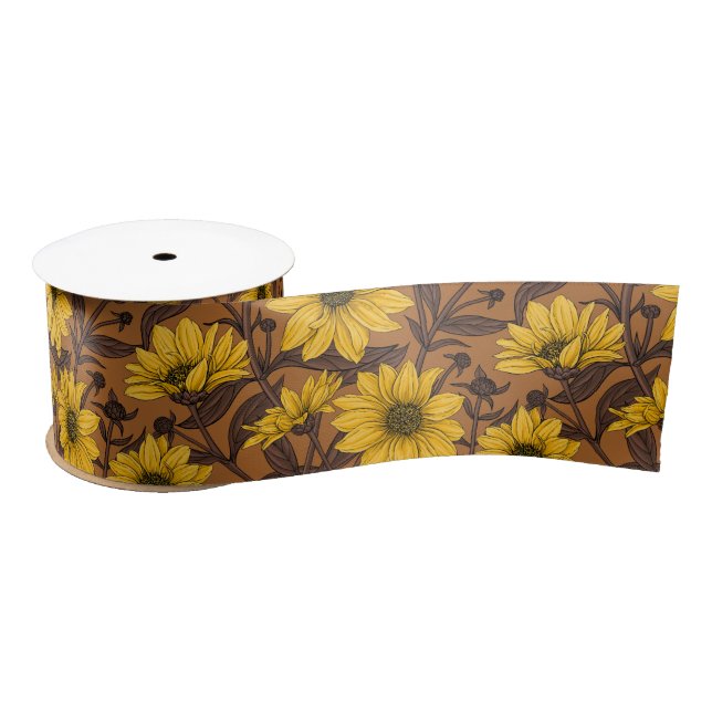Sunroot, wild sunflower in yellow and  brown satin ribbon (Spool)