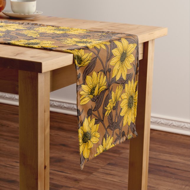 Sunroot, wild sunflower in yellow and  brown short table runner (In Situ)