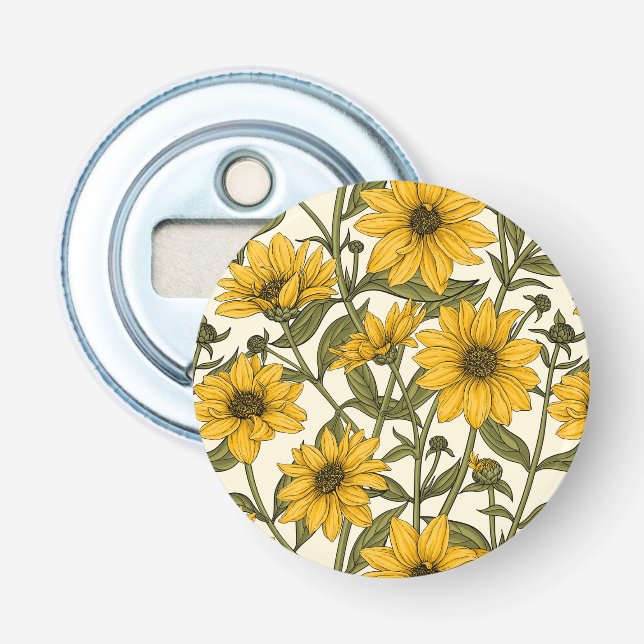 Sunroot, wild sunflower on off white bottle opener (Front)