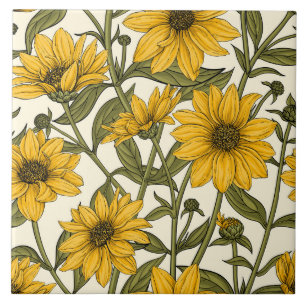 Sunroot, wild sunflower on off white ceramic tile