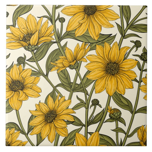 Sunroot, wild sunflower on off white ceramic tile (Front)