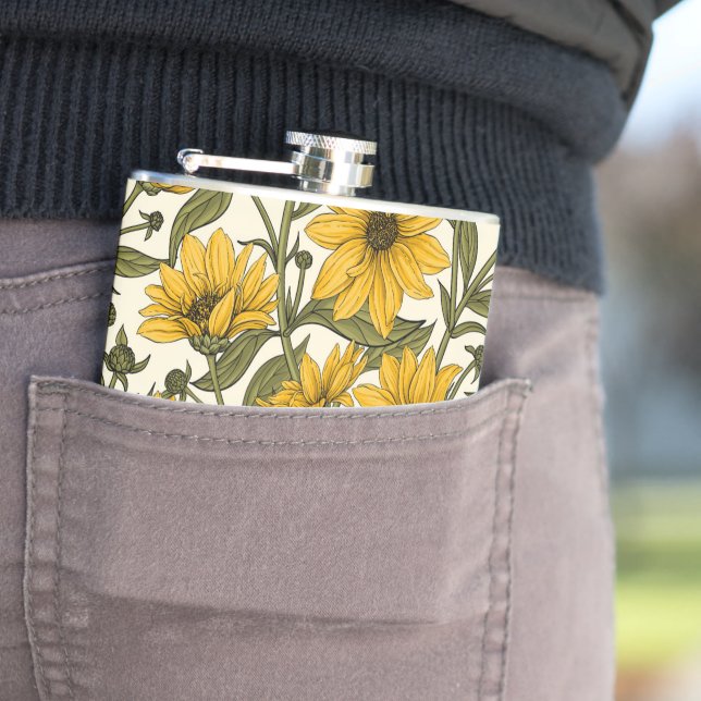 Sunroot, wild sunflower on off white hip flask (In Situ)