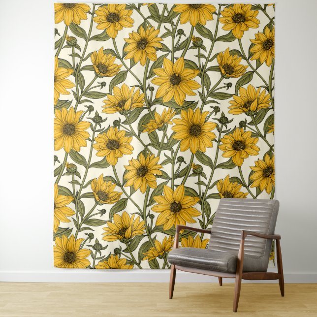 Sunroot, wild sunflower on off white tapestry (In Situ)