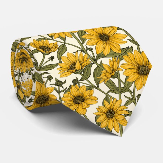 Sunroot, wild sunflower on off white tie (Rolled)