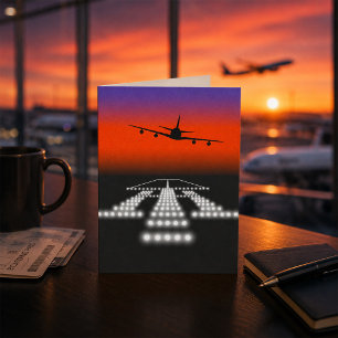 Sunset Aeroplane Approach Runway Lights Aviation Card