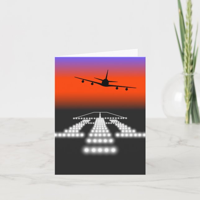 Sunset Aeroplane Approach Runway Lights Aviation  Card (Front)