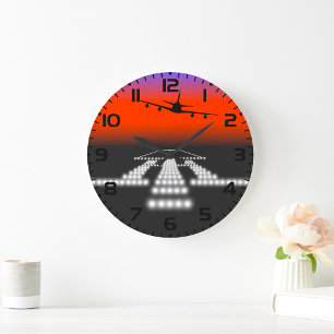 Sunset Aeroplane Approach Runway Lights Aviation  Large Clock
