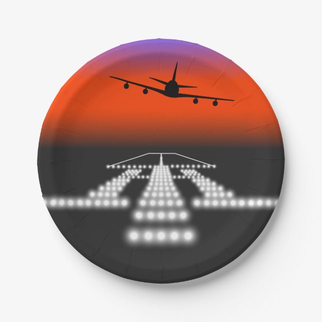 Sunset Aeroplane Approach Runway Lights Aviation  Paper Plate (Front)
