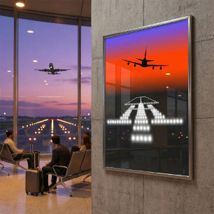 Sunset Aeroplane Approach Runway Lights Aviation  Poster