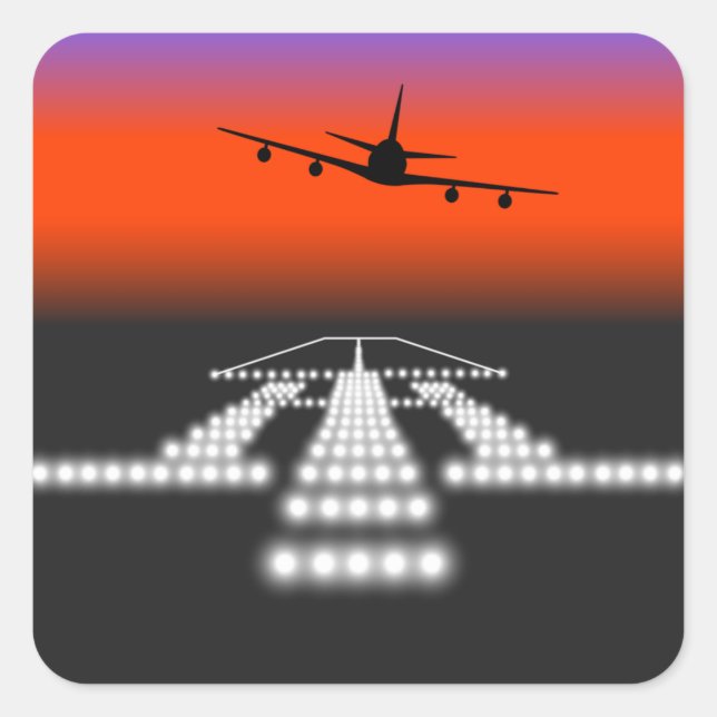 Sunset Aeroplane Approach Runway Lights Aviation  Square Sticker (Front)