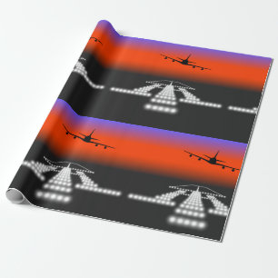 Sunset Aeroplane Approach Runway Lights Aviation  Wrapping Paper