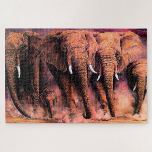 Sunset African elephants, charging elephant herd Jigsaw Puzzle