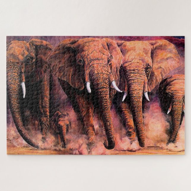 Sunset African elephants, charging elephant herd Jigsaw Puzzle (Horizontal)