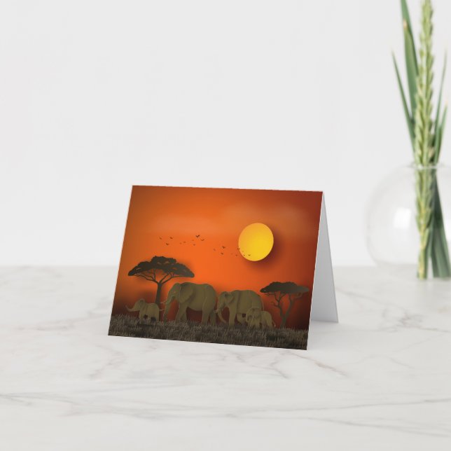 Sunset African Savanna Elephants Papercut Note Card (Front)