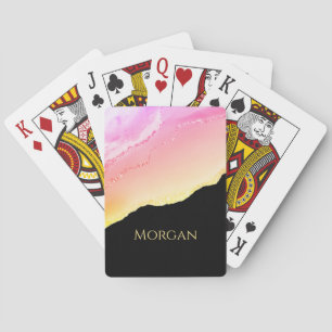 Sunset Agate, Gold Glitter & Name on Black Playing Cards