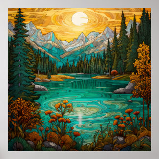 Sunset Alpine Lake Beauty With Forest Mountain Poster