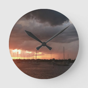 Sunset and Boats on the Water Picture Round Clock