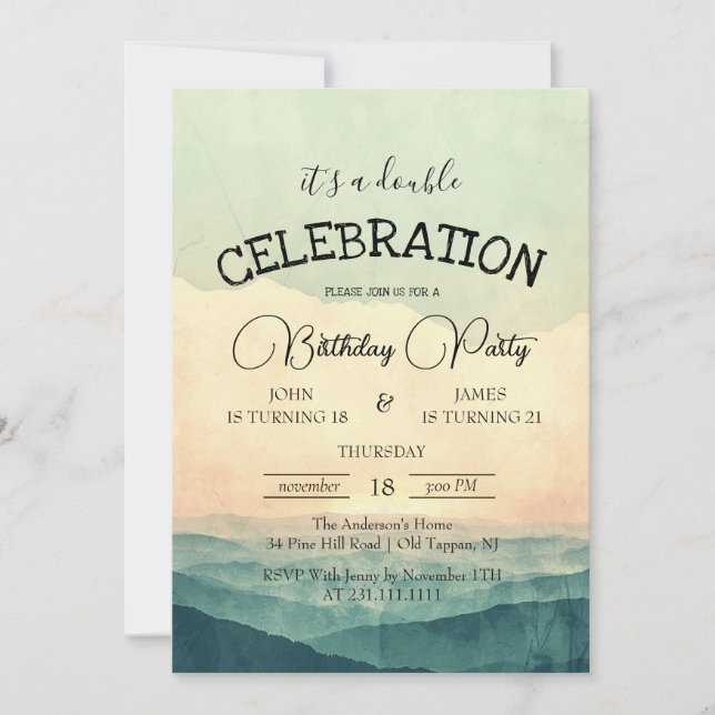 Sunset and Mountain Hills Double Birthday Party  Invitation (Front)