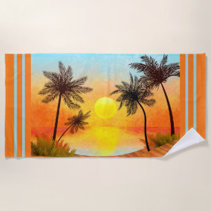 Sunset and Palm Trees Beach Towel