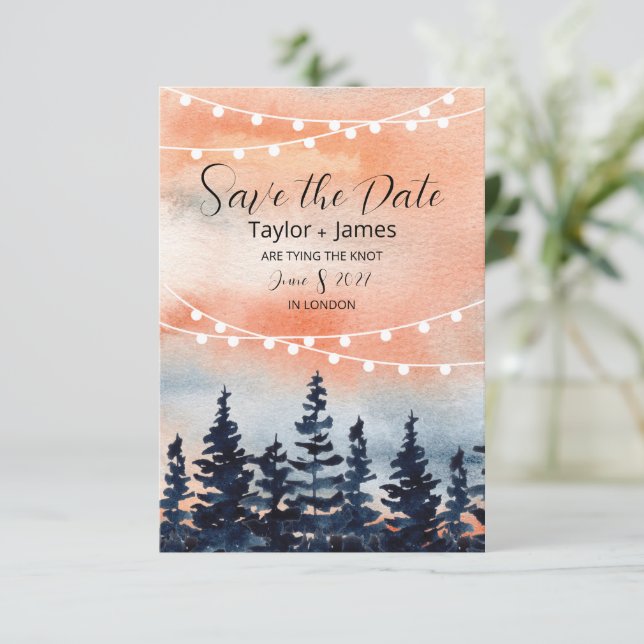 Sunset and Pine Forest Flat Save The Date Card (Standing Front)