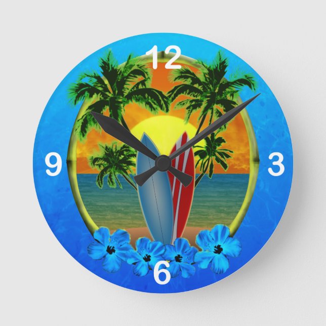 Sunset And Surfboards Round Clock (Front)