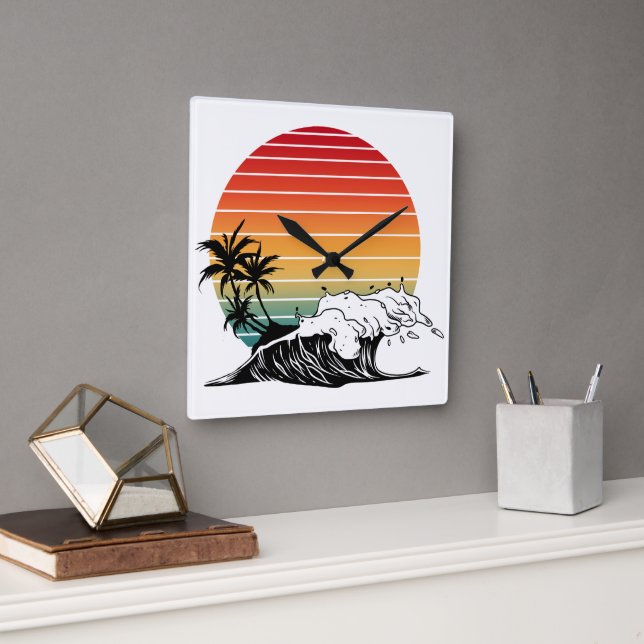 Sunset And Wave Square Wall Clock (Office)