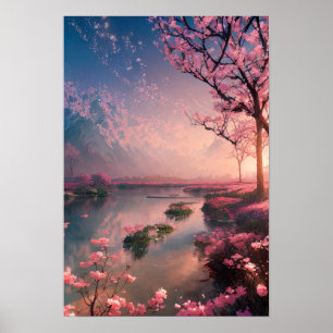 Sunset at Cherry Blossom Lake Poster