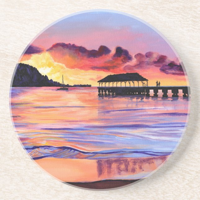 Sunset at Hanalei Pier  Coaster (Front)
