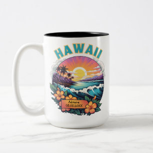 Sunset at Hawaii Beach Mountains Tropical Plumeria Two-Tone Coffee Mug