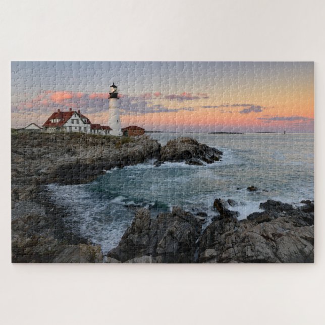 Sunset at Portland Head Lighthouse on Maine Coast Jigsaw Puzzle (Horizontal)